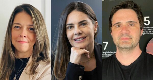 Foto de três executivos: à esquerda, Liliane Freire, head de CX na Vibra Energia, ao centro, Cintia Rodrigues, superintendente de canais de atendimento na Bradesco Seguros, e à direita, Cesar Nicoletti, gerente sênior de produto na Riachuelo (Brasil)