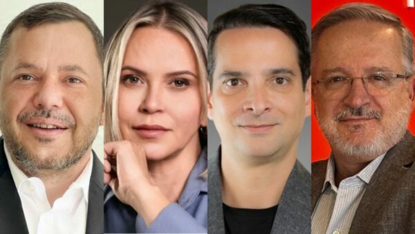 Foto em colagem mostrando quatro executivos em close: à esquerda, João Luiz Pereira, novo diretor de vendas para o setor público da Suse; ao lado, Elizette Silva, nova líder de segurança da TD Synnex; em seguida, José Eduardo Ferreira, vice-presidente regional de vendas da Twilio; e à direita, Ricardo Nastri, novo líder de Kyndryl Consult do Brasil.