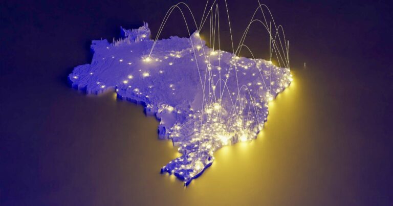 Representação tridimensional do mapa do Brasil com pontos iluminados e arcos conectando diferentes regiões, sugerindo fluxo de dados ou comunicação entre os locais. (inovação)