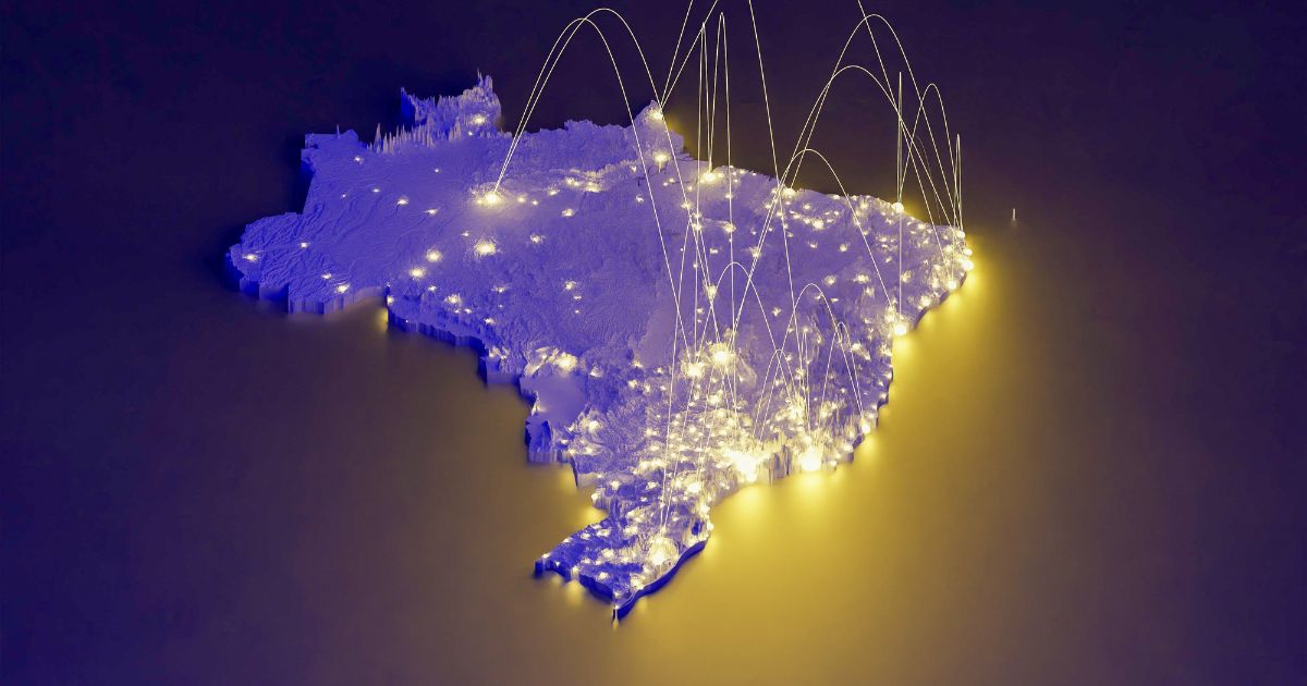 Representação tridimensional do mapa do Brasil com pontos iluminados e arcos conectando diferentes regiões, sugerindo fluxo de dados ou comunicação entre os locais. (inovação)