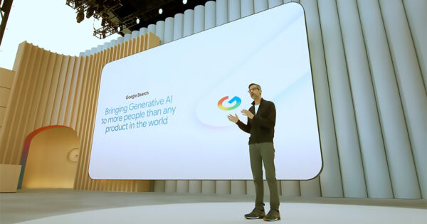Sundar Pichai, CEO do Google e da Alphabet, anuncia o “Modo IA” na conferência Google I/O, em maio – Foto: reprodução