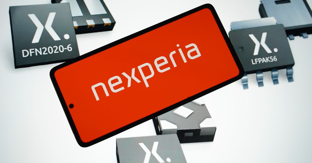 A imagem apresenta um conceito visual relacionado à indústria de semicondutores e componentes eletrônicos, destacando a marca Nexperia.