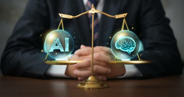 Pessoa de terno sentada atrás de uma balança dourada, que exibe de um lado o símbolo “AI” representando inteligência artificial e do outro a imagem de um cérebro humano iluminado, simbolizando o equilíbrio entre tecnologia e mente humana. (ética)