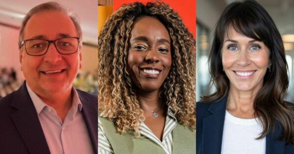 Montagem com três executivos: à esquerda, Oscar Reis, novo líder de integração de ecossistemas da Roche, sorrindo e usando óculos e terno escuro; ao centro, Camila Miranda, nova head de marketing para a América Latina da Adobe, com cabelos cacheados e blusa verde, sorrindo diante de fundo vermelho; à direita, Kim Seabrook, chief revenue officer da OutSystems, sorrindo e vestindo blazer azul em um ambiente corporativo. ‘Executivos da semana’.
