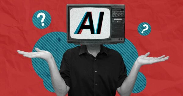 Ilustração de uma pessoa com uma televisão antiga no lugar da cabeça exibindo as letras ‘AI’, com os braços abertos em gesto de dúvida e símbolos de interrogação ao redor sobre fundo vermelho e azul, fabrica