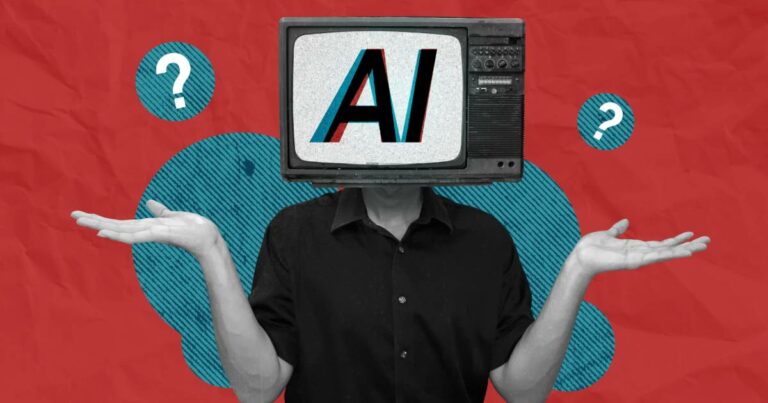 Ilustração de uma pessoa com uma televisão antiga no lugar da cabeça exibindo as letras ‘AI’, com os braços abertos em gesto de dúvida e símbolos de interrogação ao redor sobre fundo vermelho e azul, fabrica