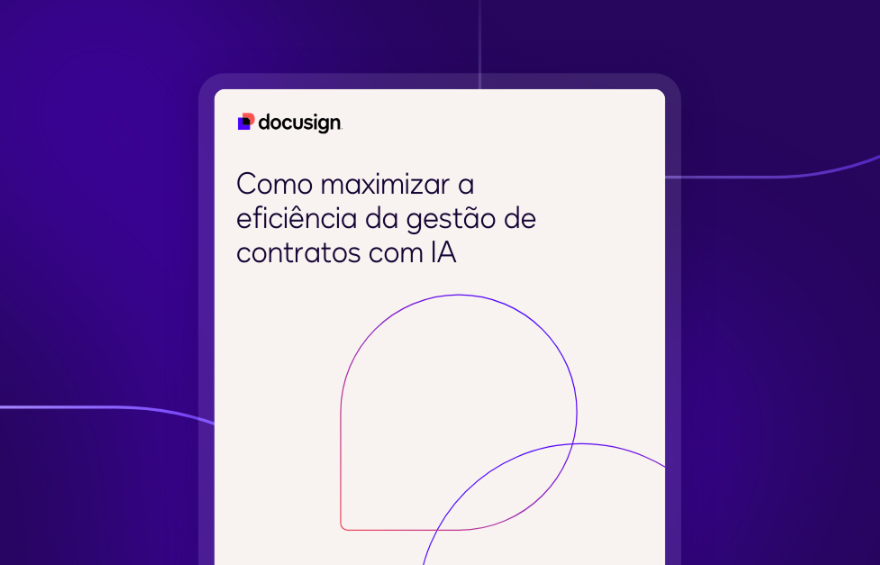 Um display digital mostra um documento DocuSign intitulado “Como maximizar a eficiência da gestão de contratos com IA” sobre fundo roxo com linhas abstratas.