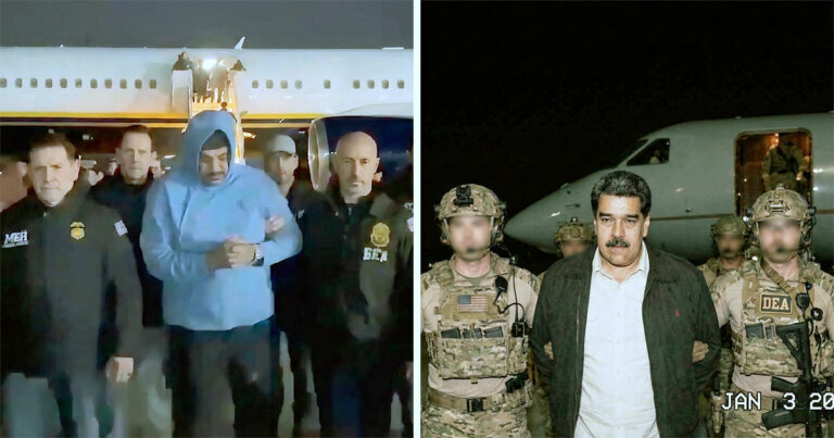 Imagens reais (à esquerda) e gerada por IA (à direita) do ditador Nicolás Maduro chegando preso a Nova York – Fotos: reprodução (jornalismo)