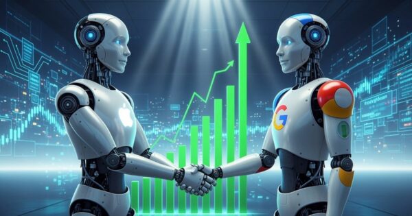 A imagem apresenta uma cena futurista com dois robôs humanoides se cumprimentando com um aperto de mãos. Detalhes principais: Robô à esquerda: Corpo metálico prateado com o logotipo da Apple no peito. Robô à direita: Corpo semelhante, mas com cores e detalhes que remetem ao Google, incluindo o logotipo no peito e cores características (vermelho, azul, amarelo e verde) nos ombros. Contexto visual: Fundo tecnológico com gráficos digitais, códigos e elementos de interface, sugerindo um ambiente de alta tecnologia. Ao centro, atrás dos robôs, há um gráfico de barras verde com uma seta ascendente, simbolizando crescimento, progresso ou parceria estratégica. Iluminação: Feixes de luz descendo do topo, destacando os robôs e criando uma atmosfera futurista e inovadora. Essa imagem transmite uma ideia de aliança tecnológica, inteligência artificial e colaboração entre grandes empresas para impulsionar inovação e crescimento.