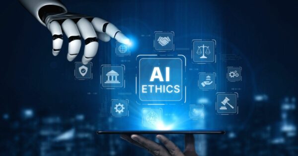 Mão robótica estende um dedo em direção a um conjunto de interfaces digitais luminosas. No centro da composição, aparece o texto “AI Ethics” dentro de um painel azul brilhante. Ao redor, ícones holográficos representam justiça, governança, colaboração, segurança, regulamentação e tecnologia. Na parte inferior, uma mão humana sustenta uma base luminosa, simbolizando a interação entre pessoas e inteligência artificial em um contexto ético e tecnológico. (confiança, I2AI, Marketing B2A, conteúdo inteligente, empresa)