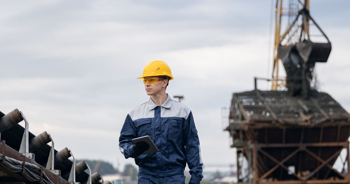 A imagem mostra uma pessoa vestindo um uniforme de trabalho azul com detalhes claros e usando um capacete de segurança amarelo. A pessoa segura um tablet na mão, sugerindo inspeção ou monitoramento. Ao fundo, há estruturas metálicas grandes, possivelmente parte de um maquinário industrial ou equipamento de construção, com cabos e uma grua visível. O cenário é externo, com céu nublado, indicando um ambiente de obra ou instalação industrial. (mineração)