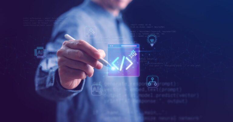 A imagem mostra uma pessoa segurando uma caneta digital ou stylus, apontando para um ícone luminoso que representa código de programação (com símbolos de abertura e fechamento de tags “< >”) em uma interface virtual. Ao redor, há elementos gráficos relacionados à tecnologia, como ícones de inteligência artificial (AI), cadeado indicando segurança, e uma lâmpada simbolizando ideias ou inovação. O fundo é composto por códigos e diagramas em tons de azul e roxo, criando um ambiente futurista e tecnológico. A cena transmite conceitos de programação, desenvolvimento de software e soluções digitais avançadas. (vibe coding)