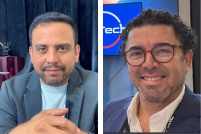 Duas pessoas lado a lado; uma vestindo blazer cinza-claro e outra com blazer azul-escuro, ambas fotografadas em ambientes corporativos distintos.