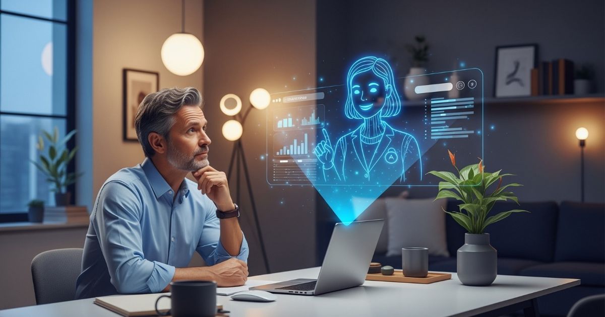 Pessoa sentada à mesa em um ambiente interno moderno, observando um laptop aberto à sua frente. A pessoa apoia o queixo em uma das mãos, em postura pensativa, vestindo camisa de mangas compridas. À frente do laptop, surge uma projeção holográfica azul representando uma figura humana estilizada com aparência feminina, acompanhada de gráficos, barras de dados e painéis de interface digital. Sobre a mesa há objetos como uma caneca e um vaso com planta. Ao fundo, o ambiente é aconchegante, com iluminação quente, luminárias acesas, estantes e decoração contemporânea, sugerindo interação com uma assistente virtual ou inteligência artificial. (experiência)