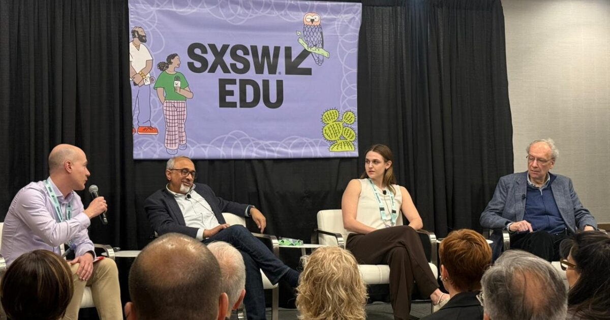 Da esquerda para a direita: Izzat Jarudi, cofundador e CEO do Edifii (moderador); Sanjay Sarma, professor de Mechanical Engineering no Massachusetts Institute of Technology (MIT); Olivia Joseph, estudante de Computation & Cognition no Massachusetts Institute of Technology (MIT); e Chris Gabrieli, chairman do Massachusetts Board of Higher Education. Imagem: Déborah Oliveira (cérebro)