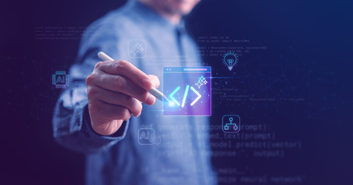 A imagem mostra uma pessoa utilizando uma caneta digital enquanto interage com uma interface holográfica transparente. A projeção exibe ícones e elementos visuais relacionados a programação e tecnologia, incluindo um símbolo de código entre colchetes, gráficos, circuitos e ícones de inteligência artificial. O fundo tem tonalidades de azul e roxo, reforçando uma atmosfera futurista e digital. (vibe coding)