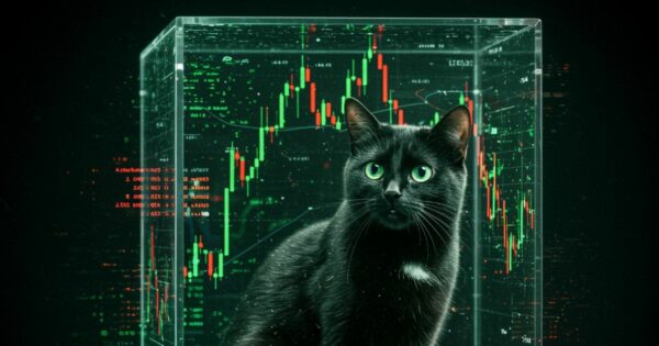 Imagem de um gato preto com olhos verdes intensos, posicionado em primeiro plano e olhando diretamente para a câmera. O gato está dentro de uma estrutura transparente em forma de cubo. Ao fundo e ao redor do cubo, há gráficos digitais de mercado financeiro com linhas e barras em tons de verde e vermelho, lembrando gráficos de ações ou criptomoedas. O fundo é escuro, com elementos visuais que reforçam um clima tecnológico e futurista, combinando a figura do gato com referências à análise de dados e finanças digitais. (resiliência)