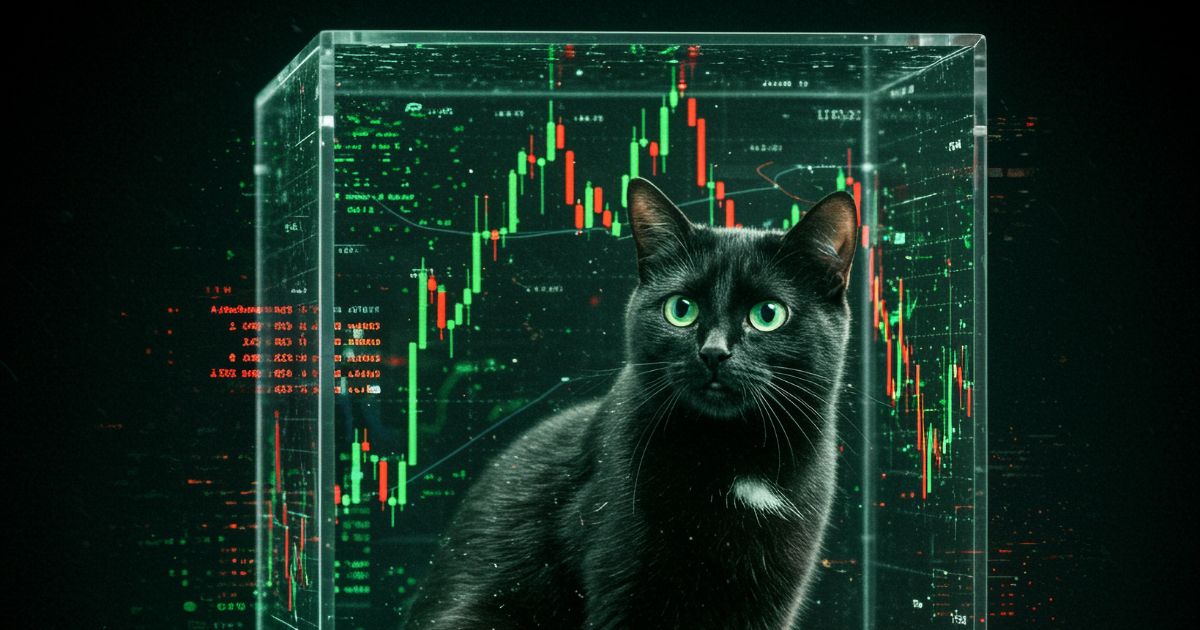 Imagem de um gato preto com olhos verdes intensos, posicionado em primeiro plano e olhando diretamente para a câmera. O gato está dentro de uma estrutura transparente em forma de cubo. Ao fundo e ao redor do cubo, há gráficos digitais de mercado financeiro com linhas e barras em tons de verde e vermelho, lembrando gráficos de ações ou criptomoedas. O fundo é escuro, com elementos visuais que reforçam um clima tecnológico e futurista, combinando a figura do gato com referências à análise de dados e finanças digitais. (resiliência)