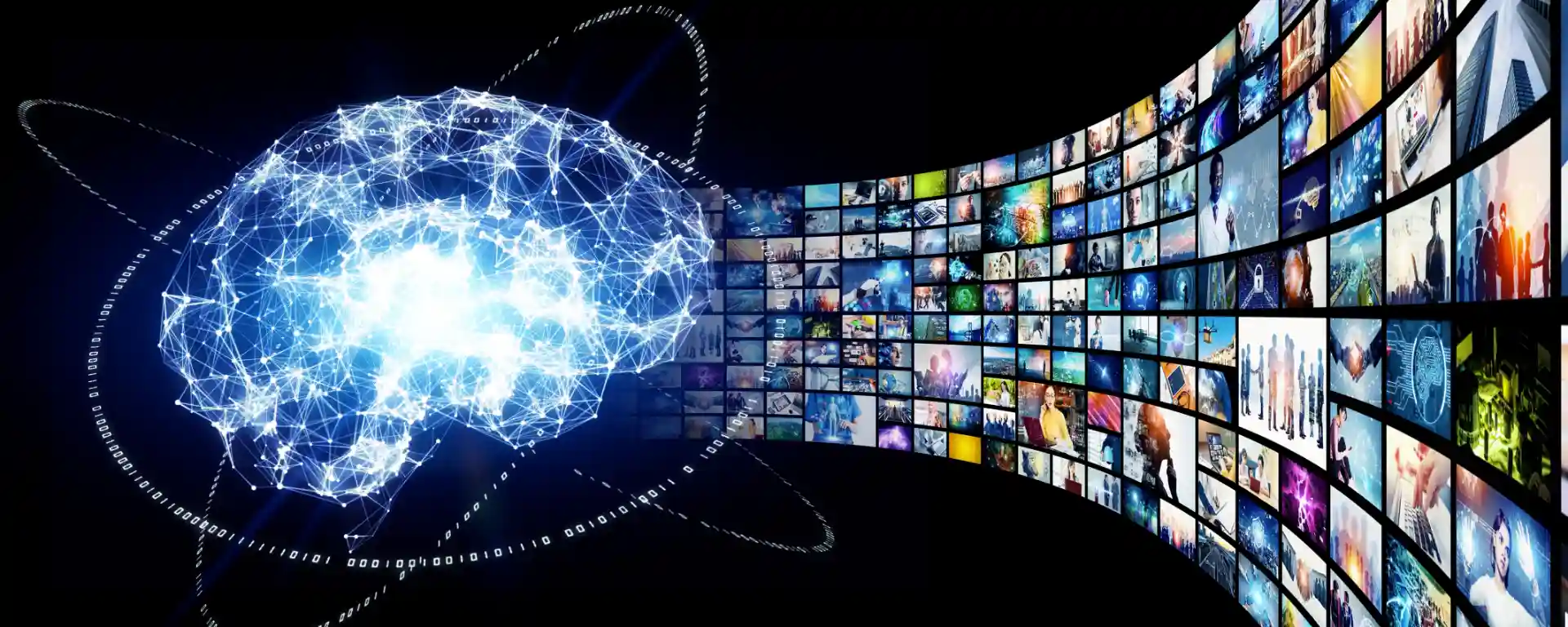 Imagem digital representando uma inteligência artificial com um cérebro formado por conexões de luz e uma vasta tela de vídeos ao fundo, simbolizando inovação tecnológica e aprendizado de máquina. (IA)