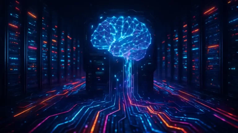 Imagem de inteligência artificial representada por um cérebro digital luminoso em um ambiente futurista com linhas de energia coloridas. (perene, capital)