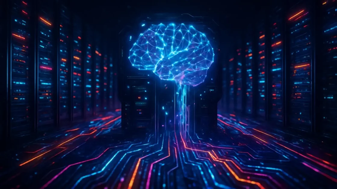 Imagem de inteligência artificial representada por um cérebro digital luminoso em um ambiente futurista com linhas de energia coloridas. (perene, capital)