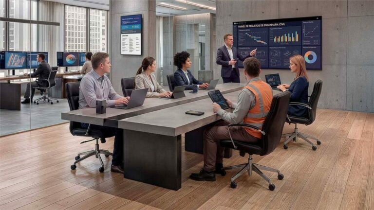 Reunião de negócios no escritório com profissionais usando laptops e tablets, apresentação de gráficos em telas grandes, foco em tecnologia Samsung B2B.