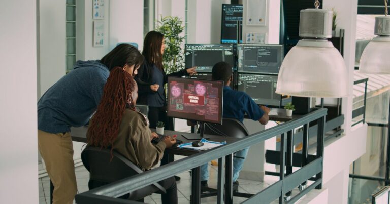 Imagem de um ambiente interno de escritório moderno e bem iluminado, com várias pessoas reunidas em torno de mesas de trabalho equipadas com múltiplos monitores. Em primeiro plano, duas pessoas estão sentadas diante de telas de computador; uma delas utiliza um teclado e mouse, enquanto a outra observa a tela. Em uma das telas centrais aparece um aviso em destaque com o texto “CRITICAL ERROR”, sobreposto a gráficos e códigos em tons de vermelho e preto. Outras pessoas estão em pé ao redor, observando os monitores e apontando para as telas, sugerindo análise conjunta do conteúdo exibido. Os monitores mostram linhas de código, interfaces técnicas e painéis de dados em fundo escuro. O ambiente conta com mesas pretas, cadeiras de escritório, luminárias grandes suspensas, plantas decorativas e paredes claras. Ao fundo, há janelas amplas que permitem a entrada de luz natural, reforçando o aspecto contemporâneo e tecnológico do espaço.