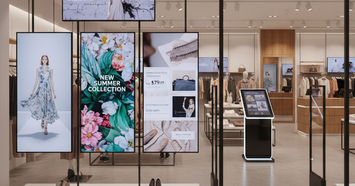 Imagem do interior de uma loja de moda moderna e bem iluminada. Em primeiro plano, há três grandes telas verticais digitais posicionadas lado a lado. A tela da esquerda exibe uma modelo vestindo um vestido longo e estampado. A tela central mostra flores coloridas com o texto “NEW SUMMER COLLECTION”. A tela da direita apresenta imagens de acessórios e bolsas, com textos e preços visíveis, incluindo “$79.99”. À direita das telas, há um totem interativo com tela sensível ao toque exibindo imagens de produtos. Ao fundo, a loja possui araras organizadas com roupas em tons neutros, mesas expositoras, manequins e prateleiras de madeira clara. O ambiente tem piso claro, iluminação embutida no teto e paredes em tons neutros, transmitindo um conceito contemporâneo e tecnológico de varejo.