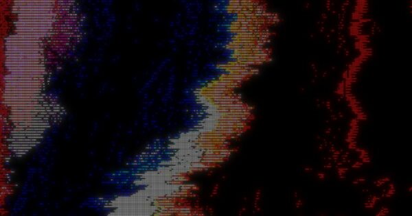 Imagem abstrata com aparência de interferência digital, composta por faixas verticais irregulares em cores vibrantes como azul, vermelho, laranja, amarelo e branco, intercaladas por áreas pretas. Os elementos visuais lembram pixels, linhas e ruídos de sinal, criando um efeito de distorção ou “glitch”. A composição transmite uma sensação de falha tecnológica, dados corrompidos ou arte digital experimental, sem figuras humanas ou objetos reconhecíveis. (vibe coding)