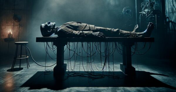 Imagem de estética sombria e cinematográfica mostrando uma figura humanoide deitada sobre uma mesa metálica em um ambiente fechado que lembra um laboratório. O corpo está estendido de costas, imóvel, com aparência artificial ou robótica, e apresenta vários cabos e fios conectados às costas, braços e pernas, que pendem da mesa até o chão. A figura usa roupas escuras e desgastadas, semelhantes a um traje técnico ou uniforme antigo. O ambiente é pouco iluminado, com luz fria azulada e sombras profundas. À esquerda, há um banco de madeira e velas acesas, e à direita, estruturas metálicas e equipamentos suspensos, criando uma atmosfera dramática e de ficção científica, remetendo à ideia de experimento, criação artificial ou reanimação. (Frankenstein)