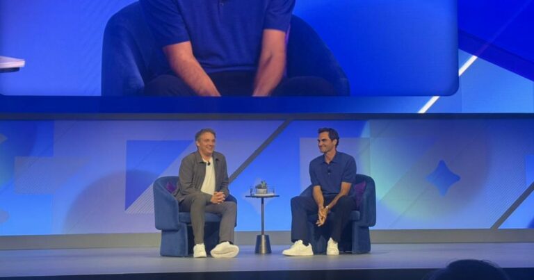 Christian Klein, da SAP, e Roger Federer. Foto: Déborah Oliveira