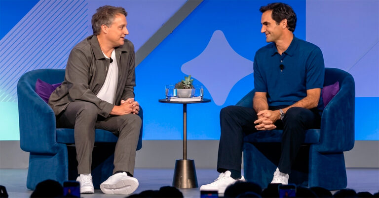 Christian Klein (esquerda) e Roger Federer, na palestra de encerramento do SAP Sapphire 2026, que aconteceu em Orlando - Foto: Paulo Silvestre