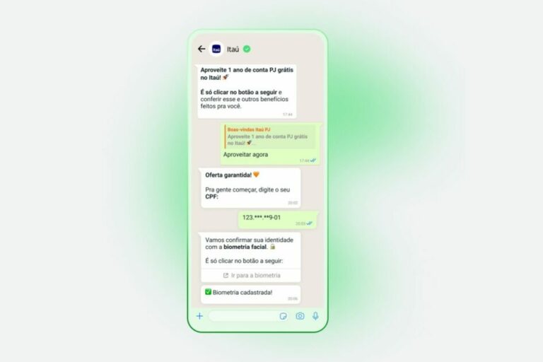 Interface da abertura de conta PJ Itaú pelo WhatsApp