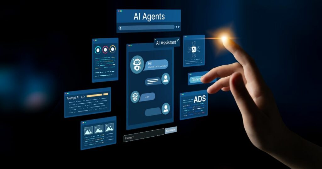 Mão de uma pessoa estendida em direção a interfaces digitais flutuantes em fundo escuro. No centro, há um painel maior com o título ‘AI Assistant’, mostrando ícones de conversa com um robô e campos de mensagem. Ao redor, aparecem outros cartões com elementos como ‘AI Agents’, ‘Prompt AI’, ‘ADS’ e gráficos, todos em estilo visual tecnológico. A ponta do dedo da mão emite um brilho, sugerindo interação com a interface. A cena utiliza tons de azul e neon, reforçando um tema de inteligência artificial e automação. (aceler)