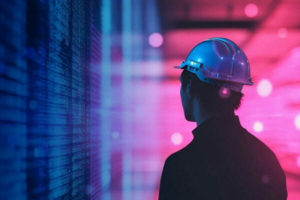 Profissional da indústria utilizando tecnologias digitais e inteligência artificial em ambiente industrial conectado, com painéis de dados e automação avançada ao fundo.