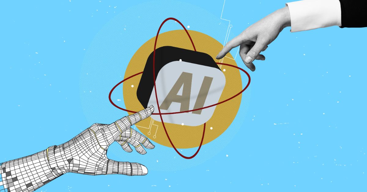 Ilustração em fundo azul mostrando o encontro entre uma mão humana realista, vinda do lado direito, e uma mão robótica em estilo wireframe, vinda do lado esquerdo. No centro da imagem há um objeto tridimensional com a sigla ‘AI’, envolvido por órbitas circulares vermelhas e um círculo amarelo ao fundo, lembrando um símbolo atômico. Pequenos elementos gráficos e pontos estão espalhados pelo fundo, reforçando um tema de tecnologia e inteligência artificial. (paradigma)
