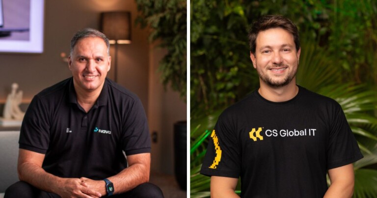 Retrato corporativo lado a lado de representantes das empresas Nava e CS Global IT, vestindo camisetas com os logotipos das marcas em ambientes profissionais e tecnológicos.