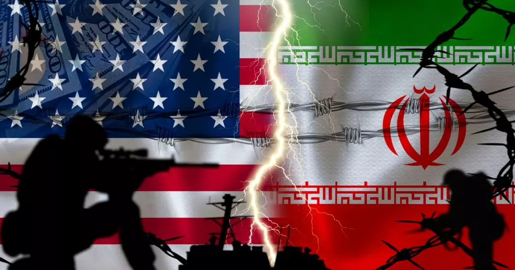 “Montagem gráfica com as bandeiras dos Estados Unidos e do Irã lado a lado, separadas por um rasgo iluminado por um feixe de relâmpago. Há arame farpado sobreposto às bandeiras e silhuetas de militares armados em primeiro plano, além do contorno de veículos militares. A composição transmite um clima de tensão e conflito.