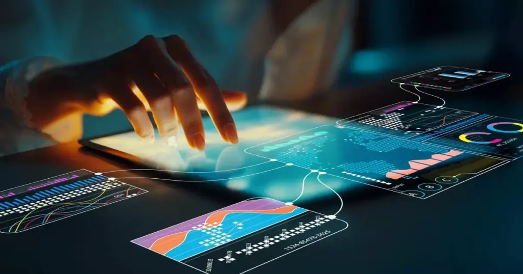 Mão de uma pessoa interagindo com uma superfície sensível ao toque, iluminada em tons de azul, sobre uma mesa escura. Ao redor da área de toque, aparecem várias interfaces digitais translúcidas flutuantes, conectadas por linhas, com gráficos e painéis de dados. Entre os elementos visíveis há gráficos de linha, barras e áreas, além de números e indicadores, como a sequência ‘1,524,894,783,825’. As cores variam entre azul, rosa, laranja e verde, destacando as diferentes visualizações. A iluminação cria contraste entre o brilho da interface e o ambiente escuro ao fundo, sugerindo análise de dados, visualização interativa e tecnologia avançada. (software)