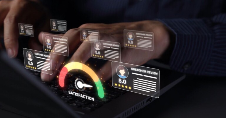 Imagem em close de mãos utilizando um teclado de laptop em ambiente com iluminação baixa. Sobre o teclado, há elementos gráficos digitais sobrepostos, simulando uma interface tecnológica. Entre esses elementos, aparecem vários cartões flutuantes com a inscrição “Customer Review”, cada um exibindo nota “5.0” acompanhada de cinco estrelas, além de linhas que representam texto de avaliação. No centro inferior da imagem, há um indicador semicircular colorido, semelhante a um velocímetro, com gradação de cores do vermelho ao verde, apontando para a área verde. Abaixo desse indicador, está a palavra “Satisfaction”. Pequenos efeitos de luz e partículas reforçam a ideia de tecnologia e análise de dados. O fundo é escuro e desfocado, com foco nas mãos, no teclado e nos elementos gráficos, destacando o conceito de reputação digital, avaliações positivas e alto nível de satisfação do cliente.