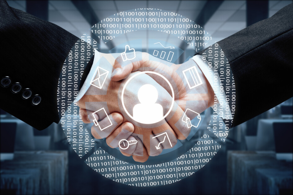 Close up of handshake with abstract digital pattern in blurry interior. Partnership concept. 3D Rendering