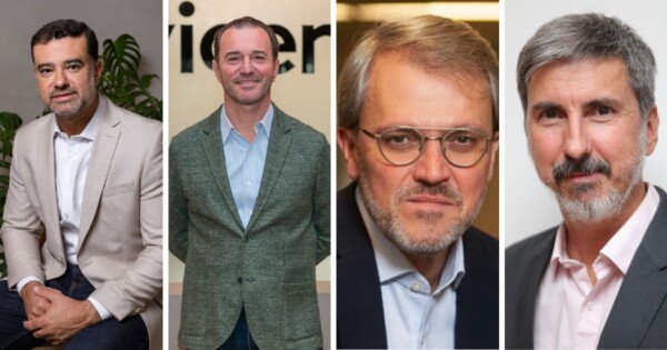 Montagem composta por quatro retratos corporativos posicionados lado a lado. Cada pessoa aparece em enquadramento de busto ou meio corpo, vestindo roupas sociais ou esporte fino. Duas das imagens mostram ambientes internos com elementos de escritório ao fundo, enquanto as outras têm fundo neutro ou desfocado. A composição destaca os quatro retratos em colunas verticais separadas. (IT Forum Praia do Forte)
