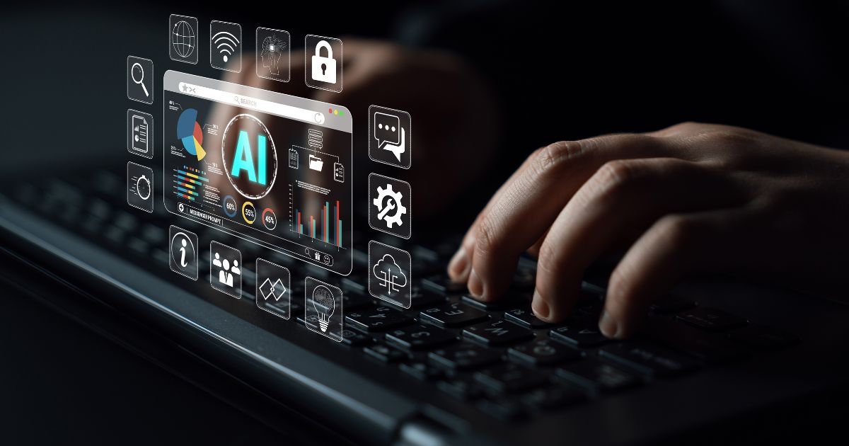 As três dimensões radicais da IA (e por que sua empresa provavelmente está olhando para a errada) 4 Pessoa digitando em um notebook com interface digital de inteligência artificial exibindo gráficos, automação, análise de dados e recursos tecnológicos avançados. (errada)