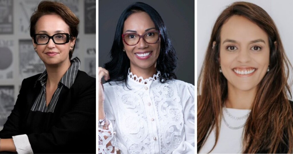 Montagem com três retratos profissionais de RH lado a lado. À esquerda, uma pessoa usando óculos de armação escura, blazer preto e camisa listrada, fotografada diante de um fundo desfocado em tons de cinza. Ao centro, uma pessoa usando óculos de armação vermelha e blusa branca com detalhes rendados, em frente a um fundo cinza escuro. À direita, uma pessoa com cabelos longos castanhos, vestindo blusa branca e blazer escuro, fotografada diante de um fundo claro. Todas as imagens mostram enquadramento do busto para cima.