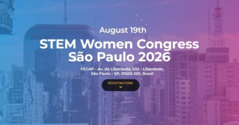 Banner promocional do STEM Women Congress São Paulo 2026, evento voltado à participação de mulheres nas áreas de ciência, tecnologia, engenharia e matemática, realizado na cidade de São Paulo.