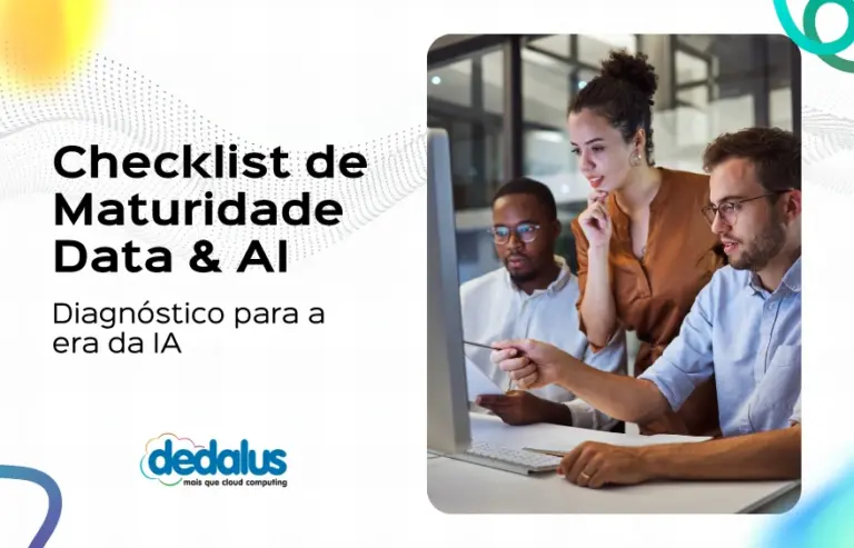 Imagem de destaque com equipe em reunião analisando dados em notebook e um checklist de maturidade Data & AI, com texto sobre diagnóstico para a era da IA.