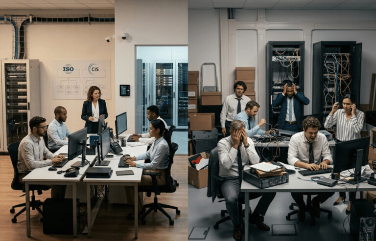 TI oficial organizada com governança ISO e CIS ao lado de operação de TI paralela em caos, ilustrando os riscos do shadow IT