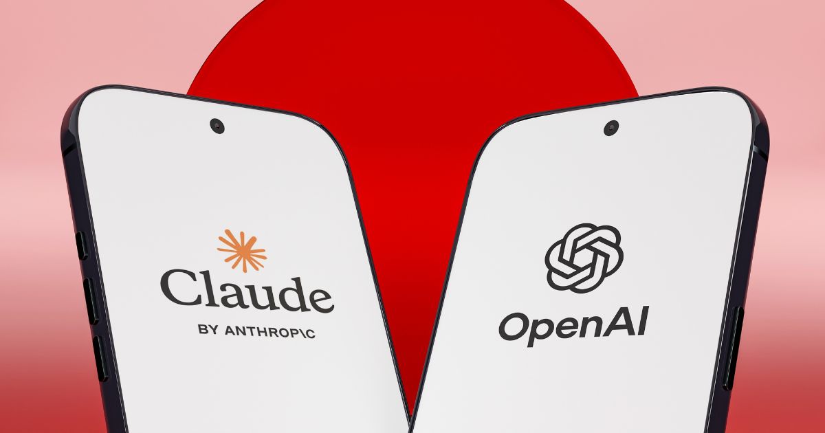 Participações em OpenAI e Anthropic mudam balanços das big techs e levantam debate sobre lucros da IA 2 Imagem ilustrativa que compara plataformas de inteligência artificial. Em primeiro plano, dois smartphones aparecem inclinados um em direção ao outro. Na tela do aparelho à esquerda está exibido o logotipo e o nome “Claude by Anthropic”, enquanto na tela do aparelho à direita aparece o logotipo e o nome “OpenAI”. Ao fundo, há um grande círculo vermelho centralizado sobre um gradiente em tons de vermelho e rosa. A composição utiliza um layout simétrico, destacando visualmente as duas empresas de inteligência artificial e sugerindo uma comparação ou disputa competitiva entre as plataformas.