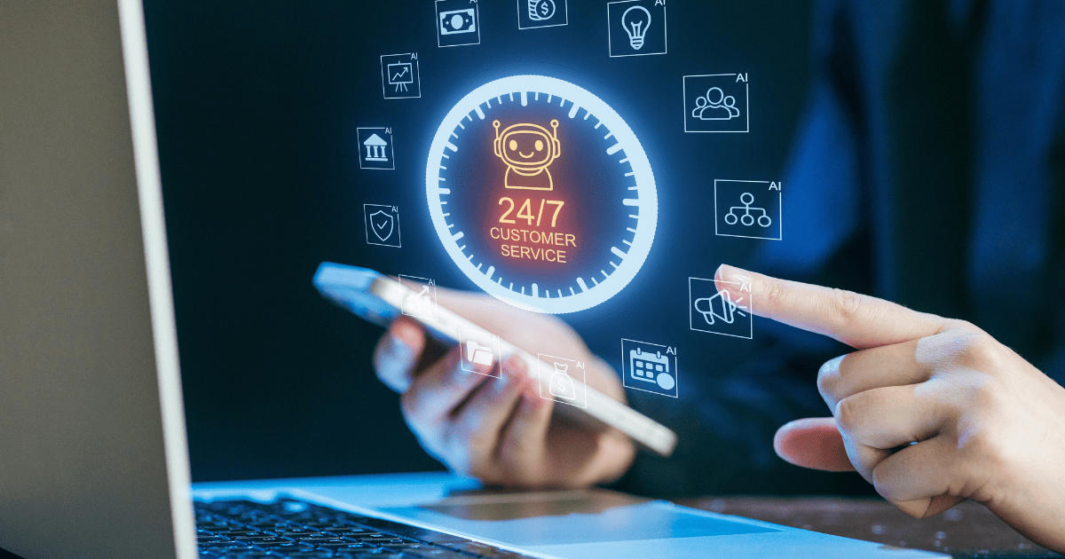 Imagem ilustra o uso de inteligência artificial no atendimento ao cliente, com interface digital de suporte 24 horas e recursos automatizados acessados por dispositivos eletrônicos. (Token, corporacoes, modelo)
